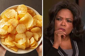 On the left, a bowl of potato chips, and on the right, Oprah furrowing her brow in confusion