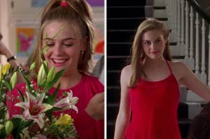 cher from clueless getting flowers, then wearing red dress