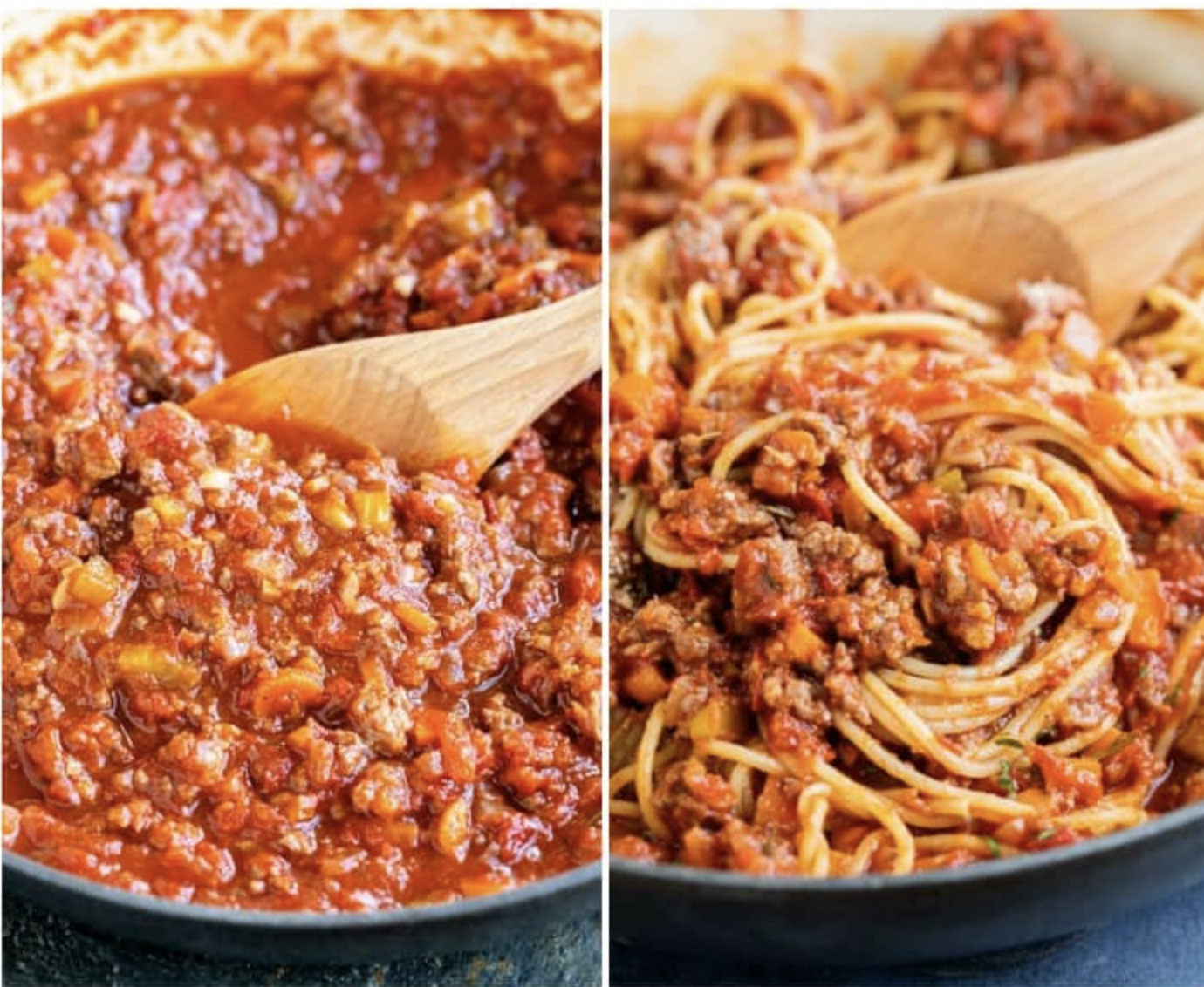 Spaghetti bolognese being stirred in a pan