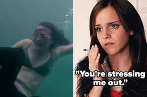 Leah being held underwater by her foot in The Wilds and a reaction image of Nicki from The Bling Ring saying "you're stressing me out"