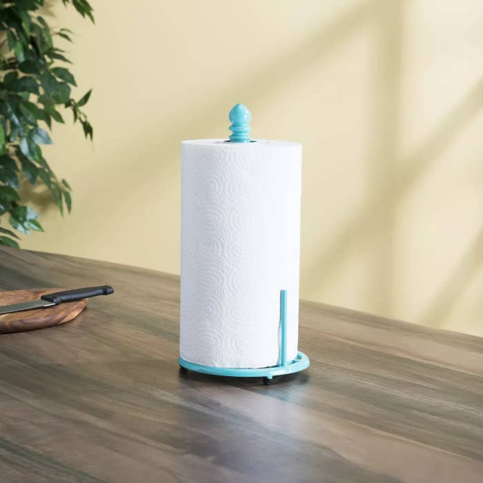 The teal towel holder