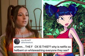 Side by side of Musa in Fate: The Winx Saga and in the Winx Club cartoon; there is a tweet from a fan who is angry about the whitewashing