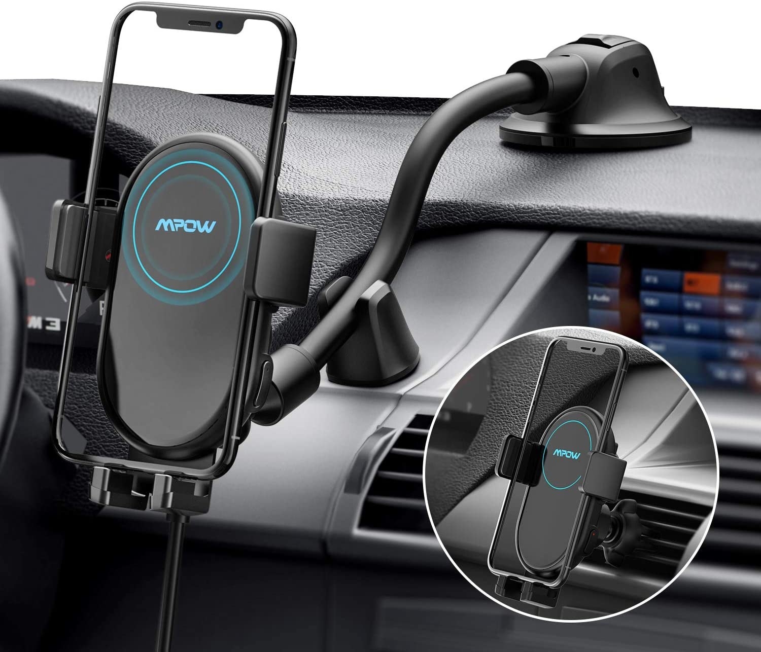 The phone charging mount on a car dash board 