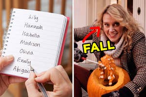 On the left, someone holding a notebook with baby names in it, and on the right, Kate McKinnon sitting outside an carving a pumpkin with an arrow pointing to her and "fall" typed under her face