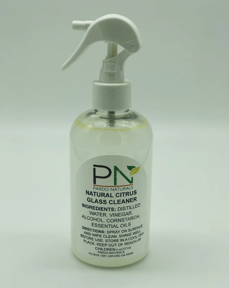 the spray bottle of natural citrus glass cleaner 