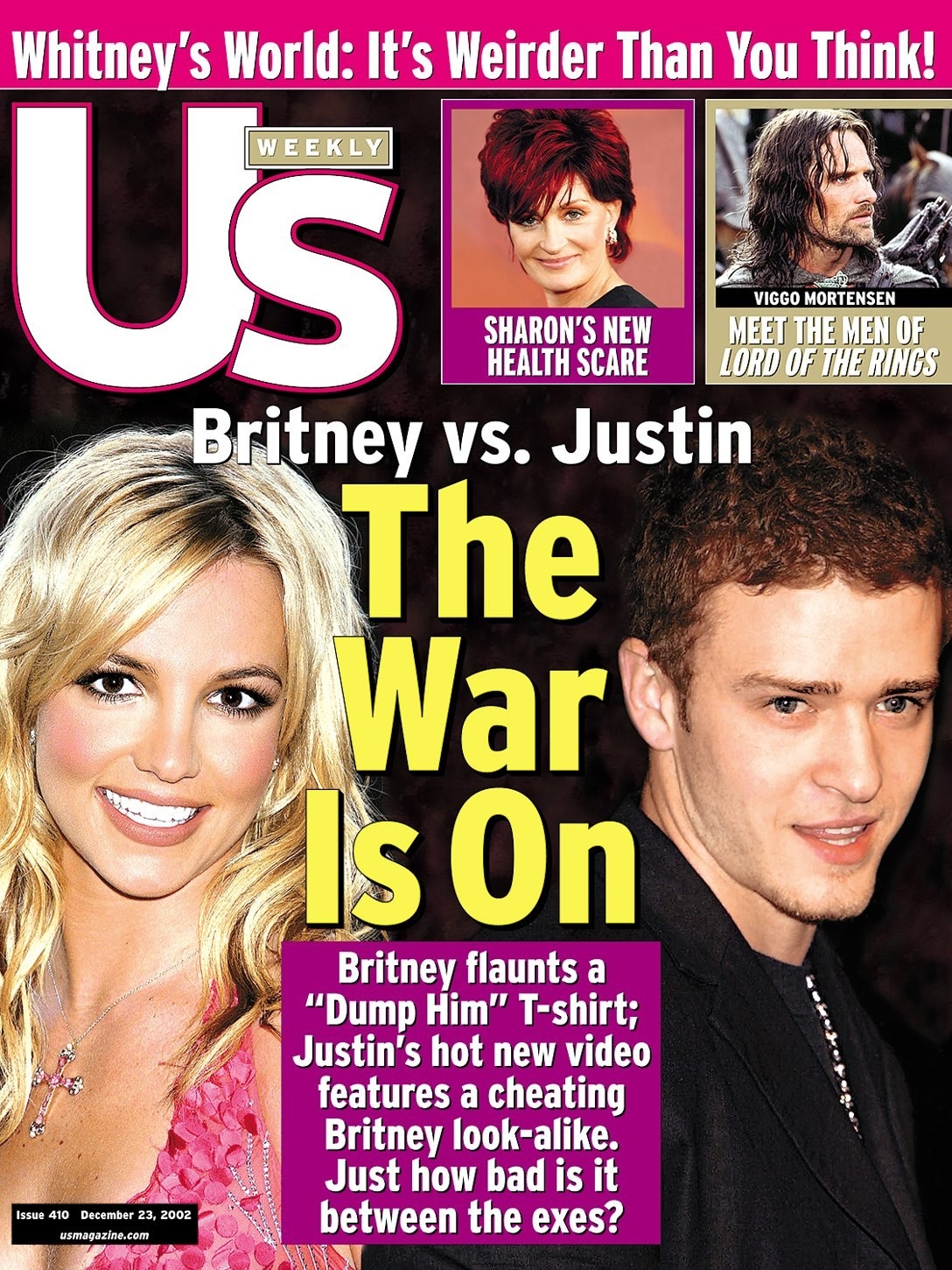 us magazine cover of britney spears and justin timberlake after a break up, the text on the magazine reads the war is on