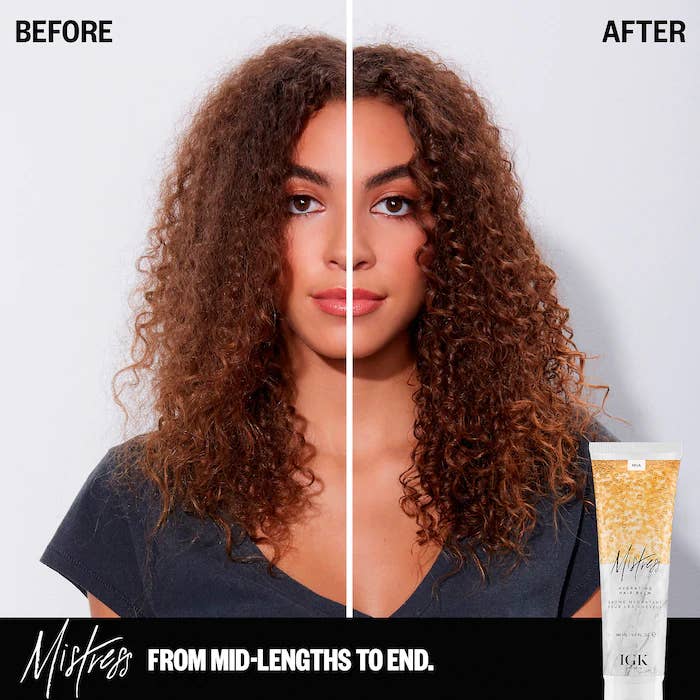 left: model&#x27;s frizzy hair right: hair with well defined curls