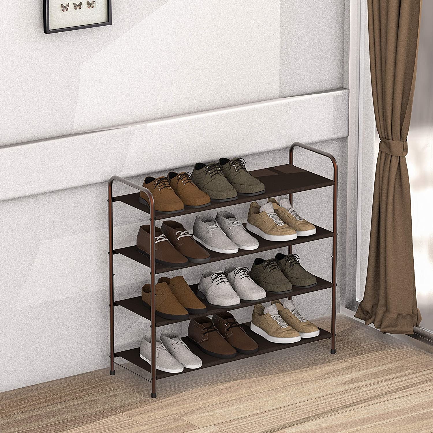 the shoe rack filled with shoes
