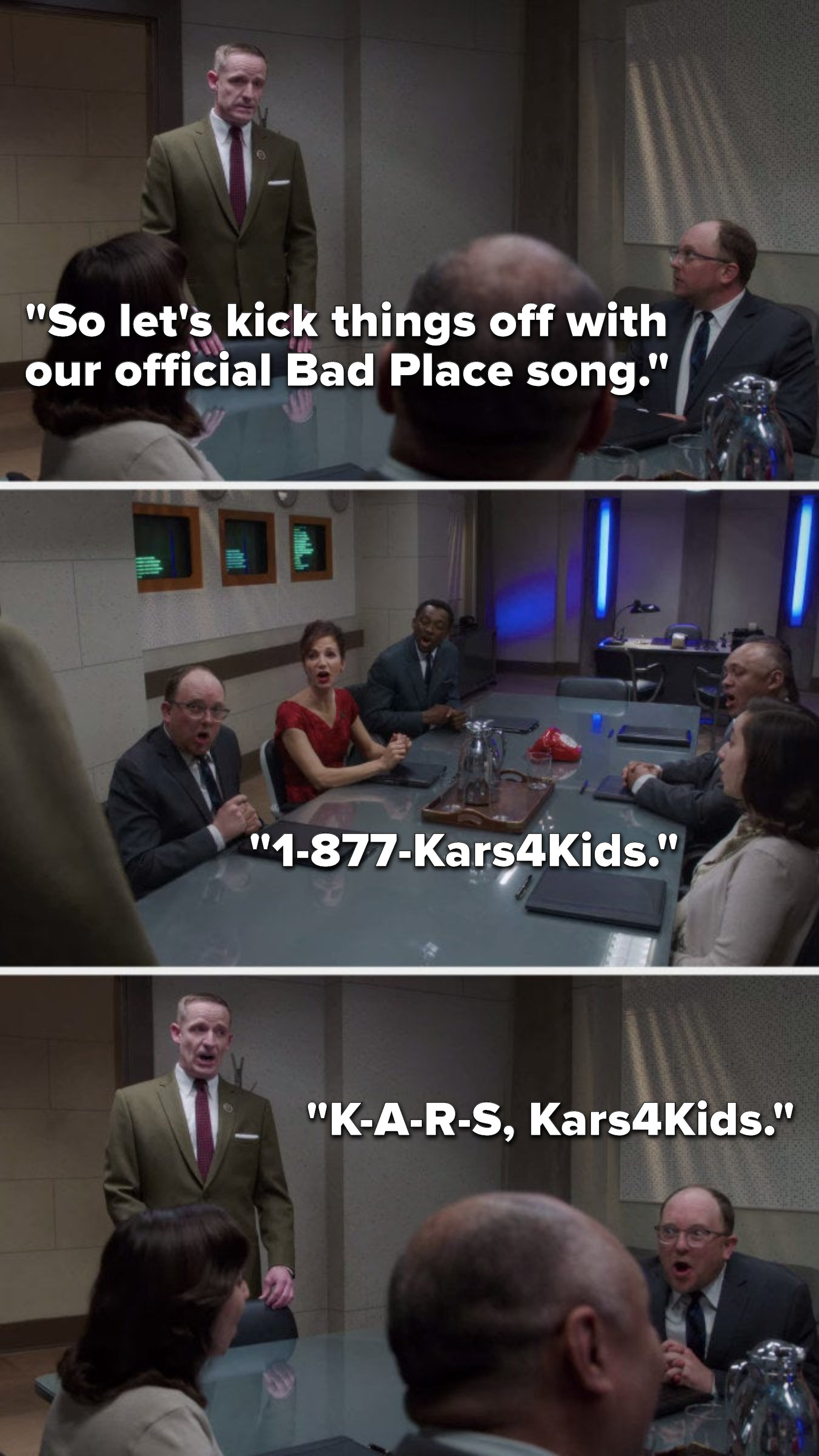 Shawn says, &quot;So let&#x27;s kick things off with our official Bad Place song,&quot; and Shawn and all of the demons sing, &quot;1-877-Kars4Kids, K-A-R-S Kars4Kids&quot;