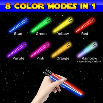 A diagram showing all eight colors the lightsaber chopsticks can glow in 
