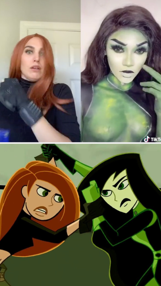 Christy Carlson romano dressed as Kim next to a shego cosplayer side by side with the cartoons