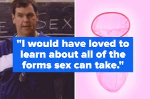 a side-by-side of the sex ed teacher from 'mean girls' and a condom over a pick background