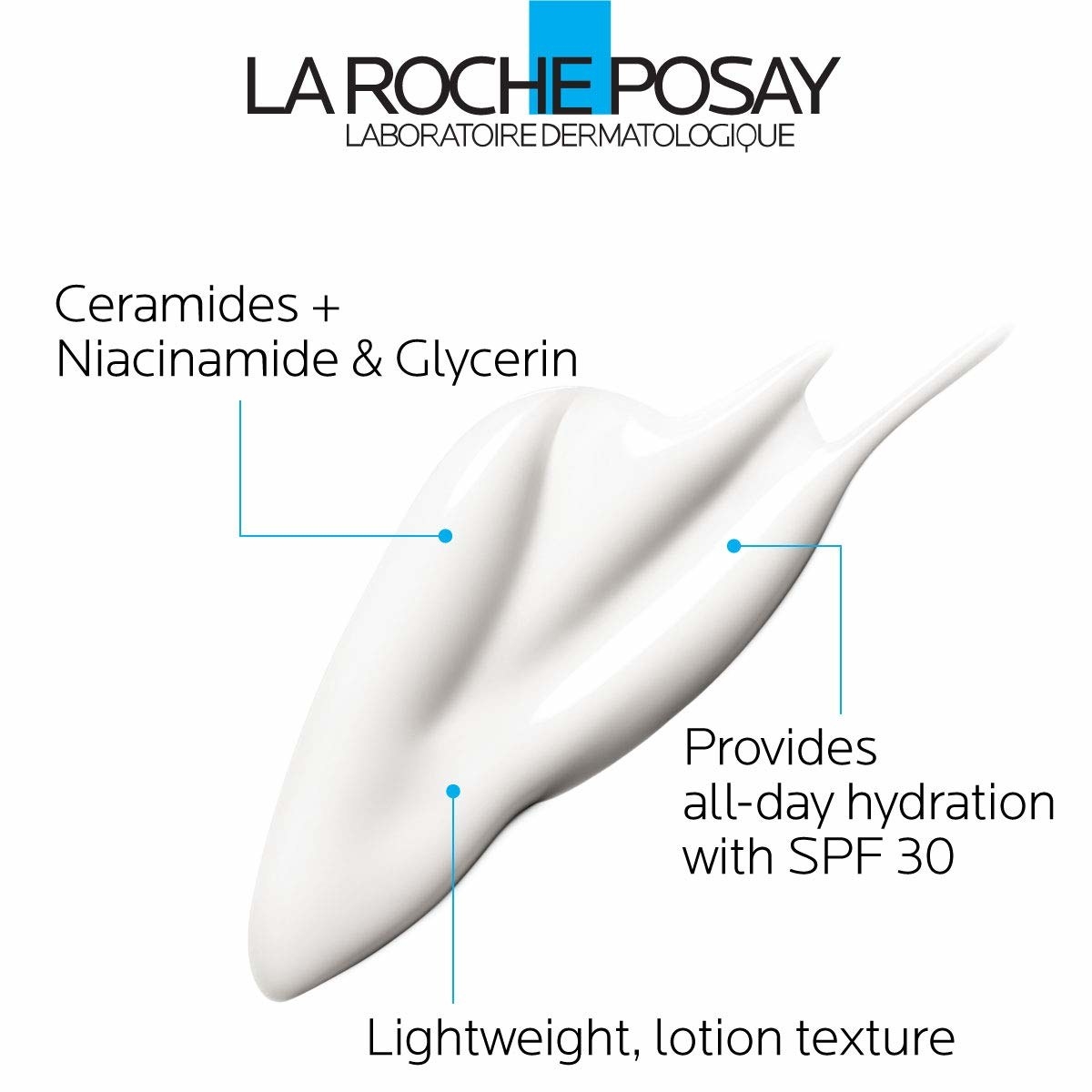 A swatch of the moisturizer with text explaining the lightweight, lotion-like texture