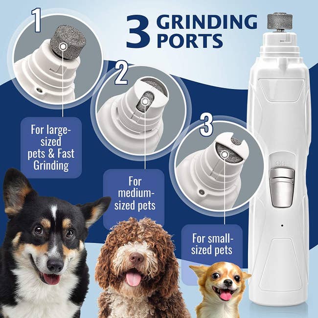 White wand-shaped nail grinder showing three different settings for different sized dogs and nails 
