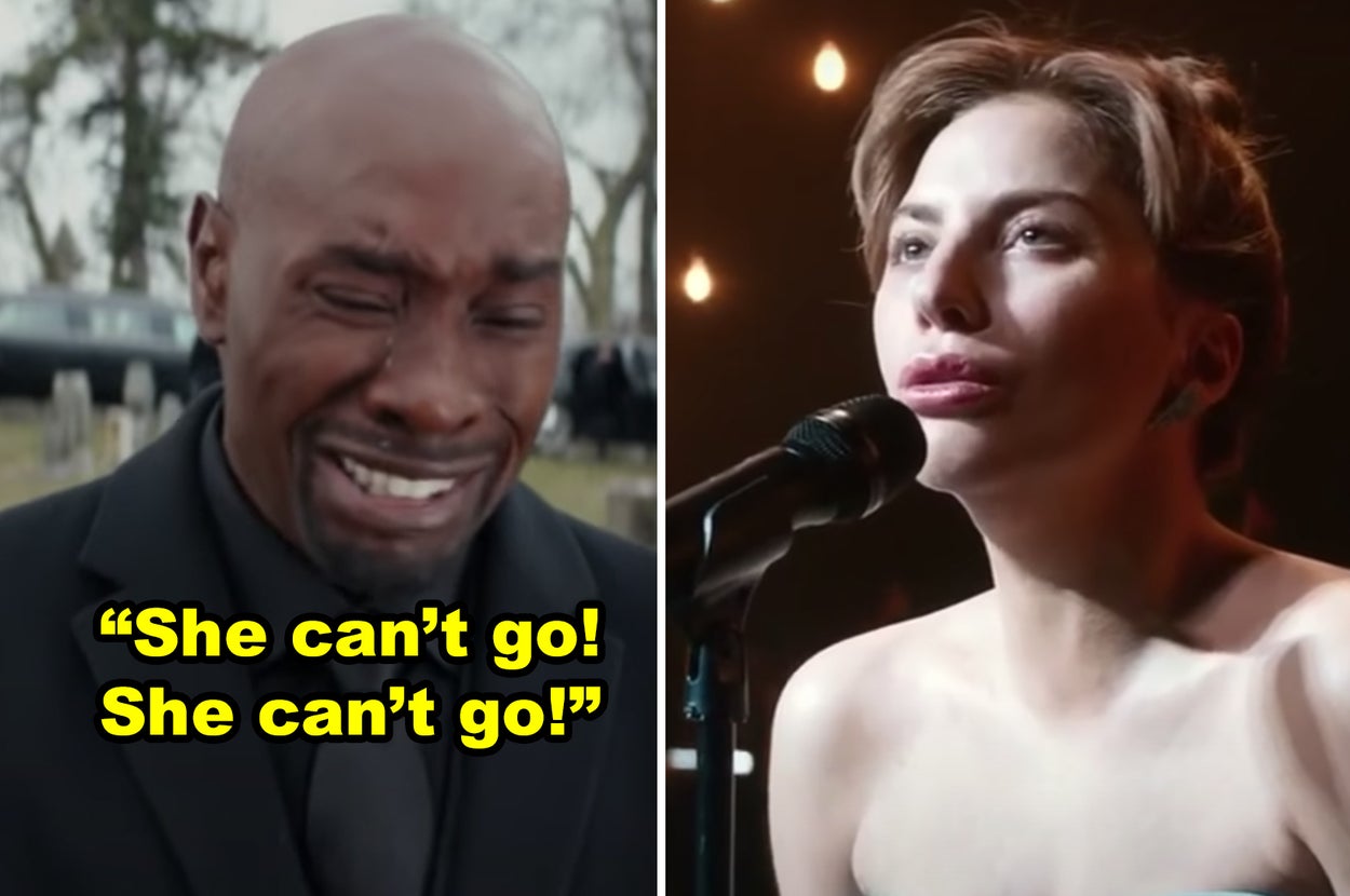 Side-by-side of Lance crying at Mia's funeral in "The Best Man Holiday," plus Lady Gaga singing the final ballad in "A Star is Born"