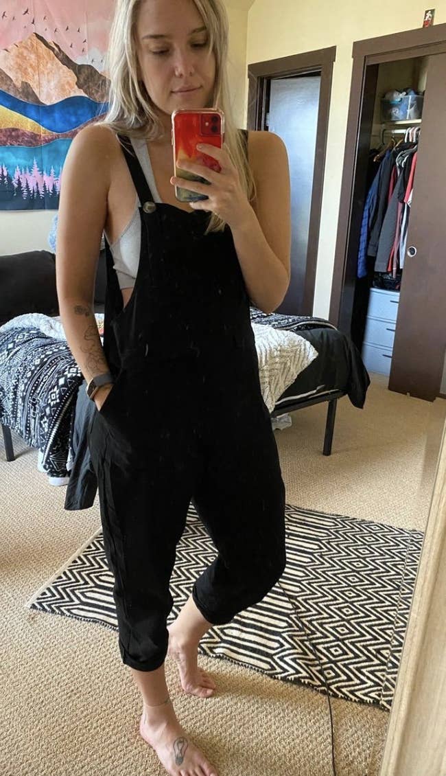 reviewer wearing the achromatic  jumpsuit 