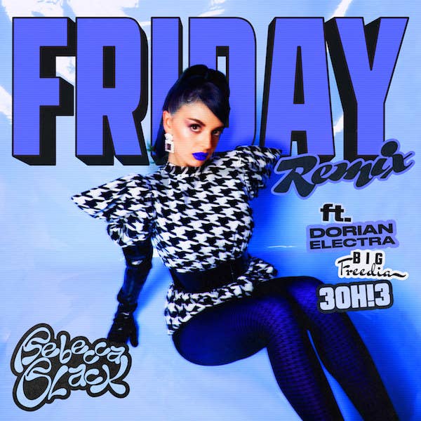 Promo art for the Friday remix with Rebecca dressed in a houndstooth print dress, belt, and blue lipstick