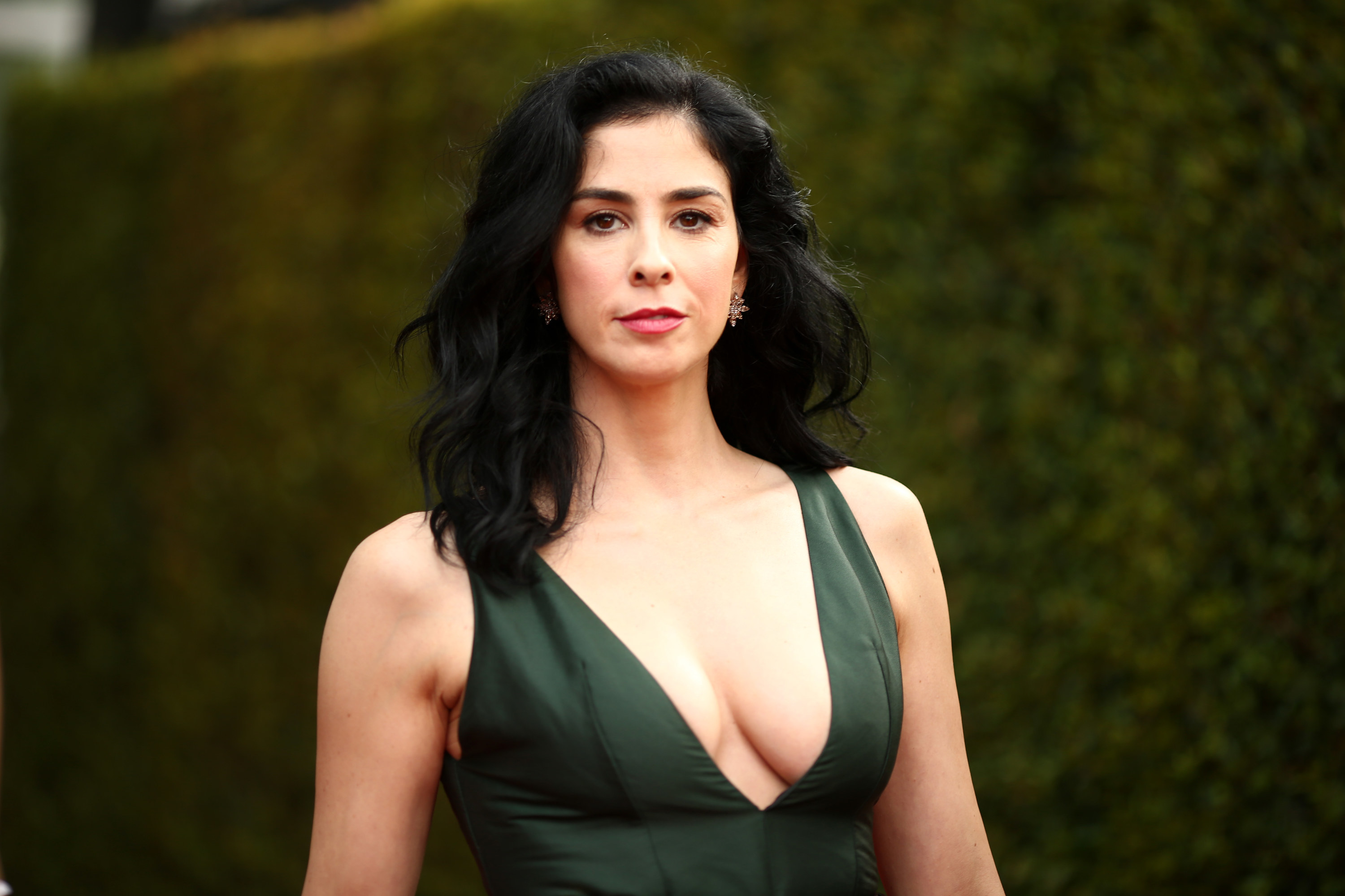 Sarah Silverman wears a green dress. 