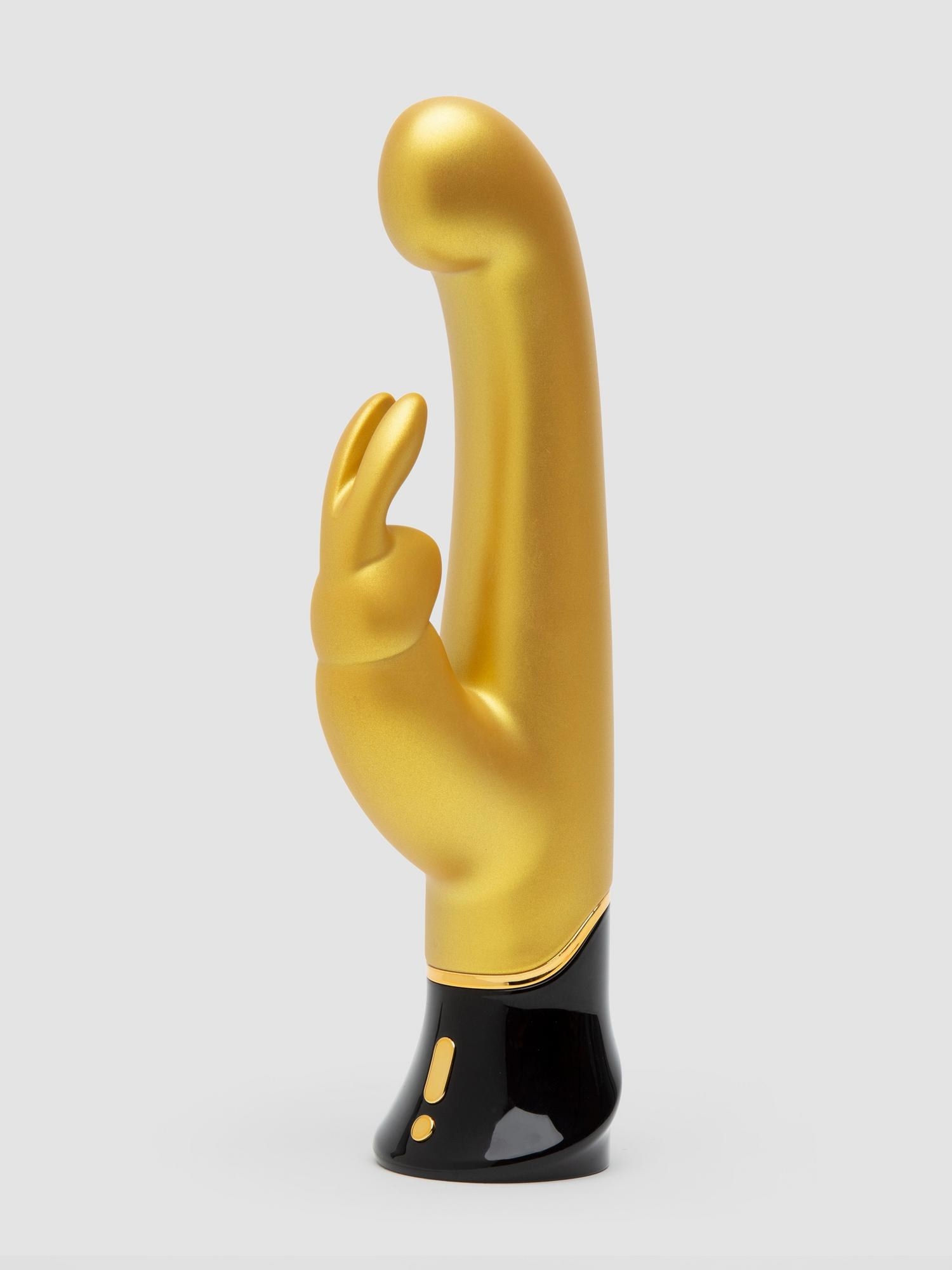 the silicone rabbit vibrator in gold with a hard black plastic base