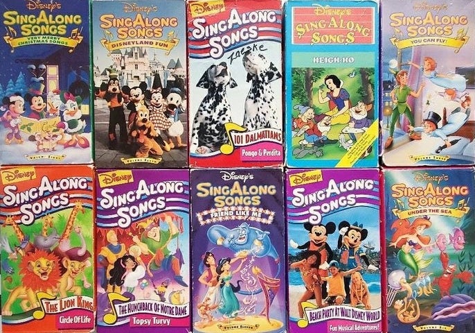 A collection of 10 Sing Along VHS tapes