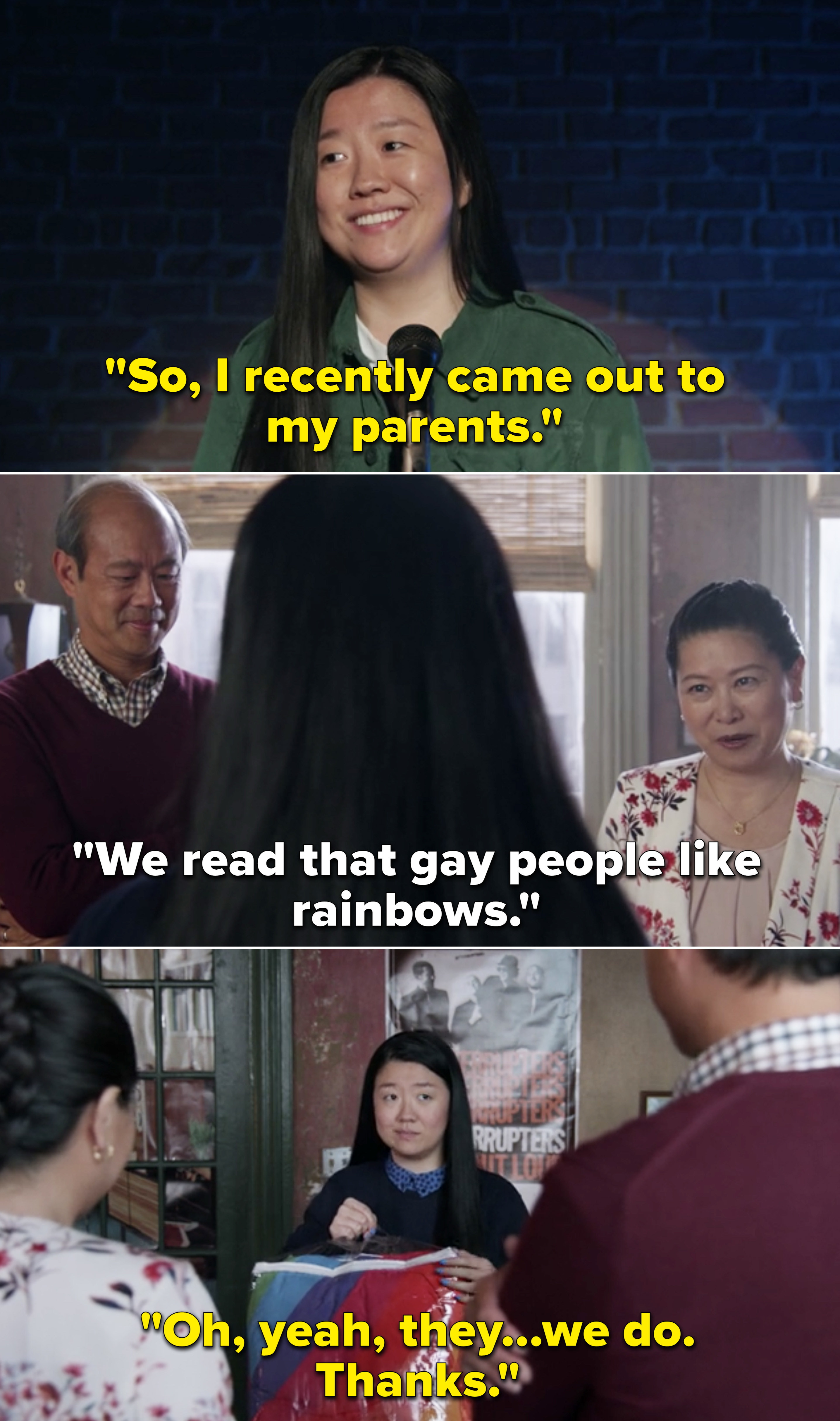 Alice talking about how she came out to her parents and then they bought her a rainbow blanket