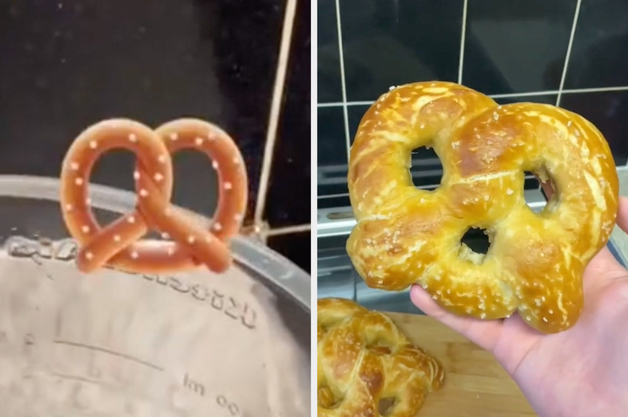 The pretzel emoji next to a freshly-made pretzel