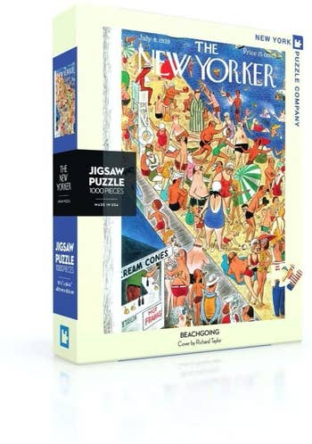 the puzzle box showing a new yorker cover of people piled onto a beach