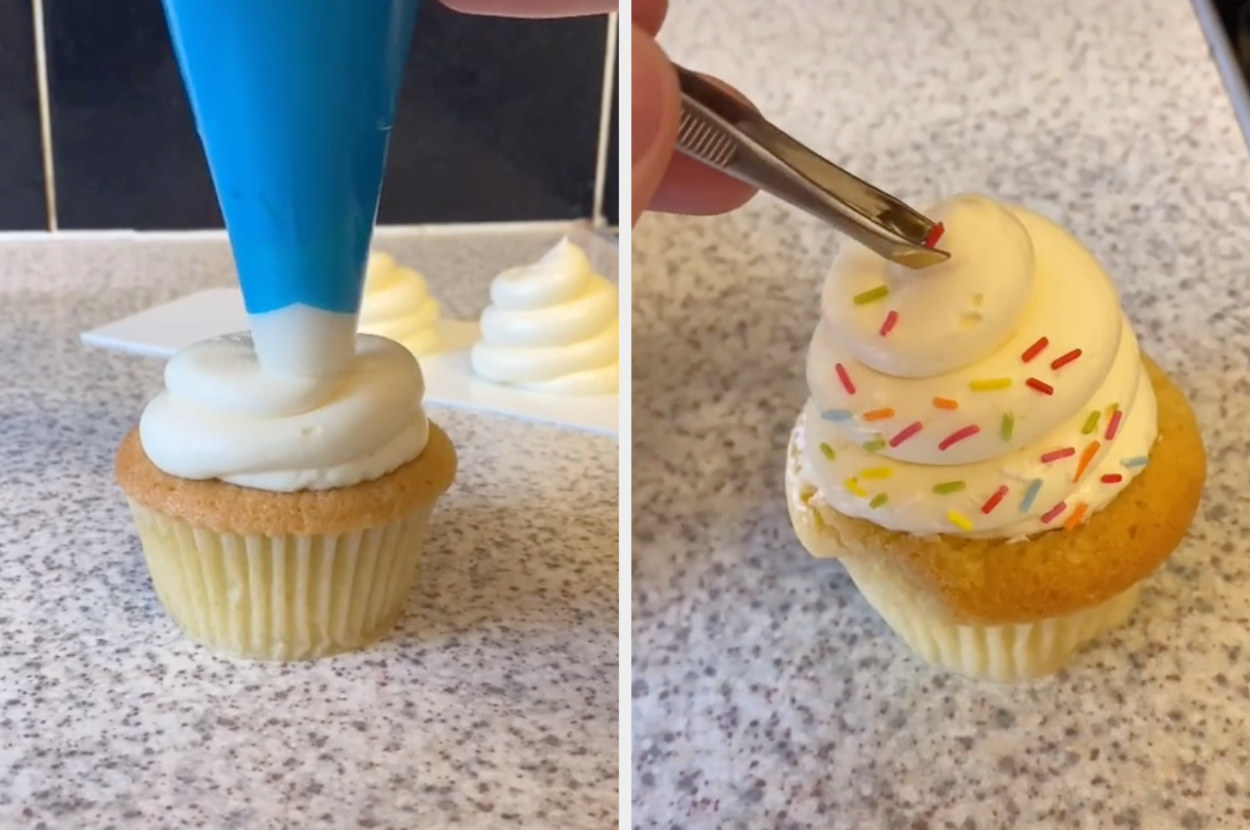 A cupcake being iced next to tweezers putting on sprinkles on the icing one by one