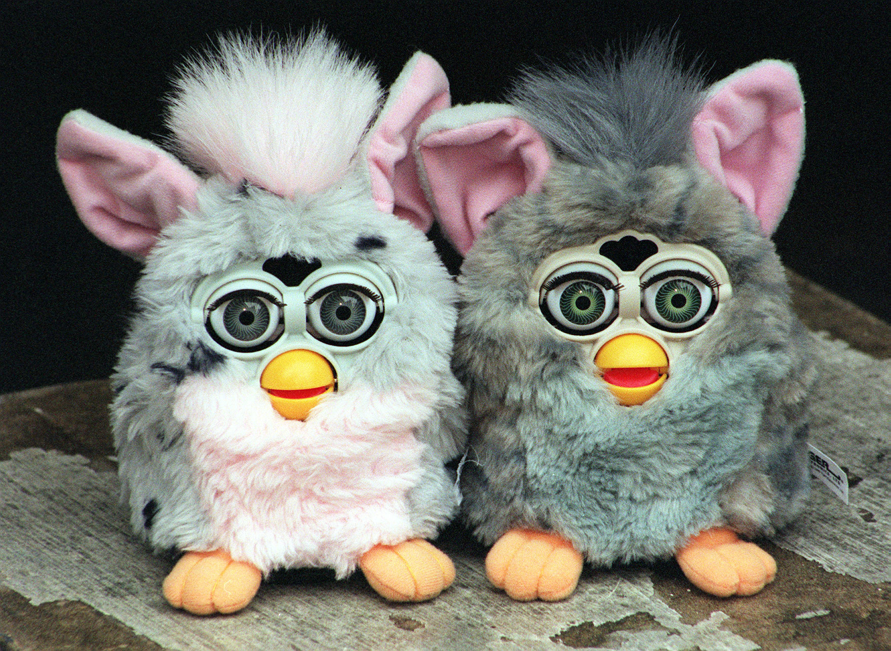 Two grey Furbies set on worn table