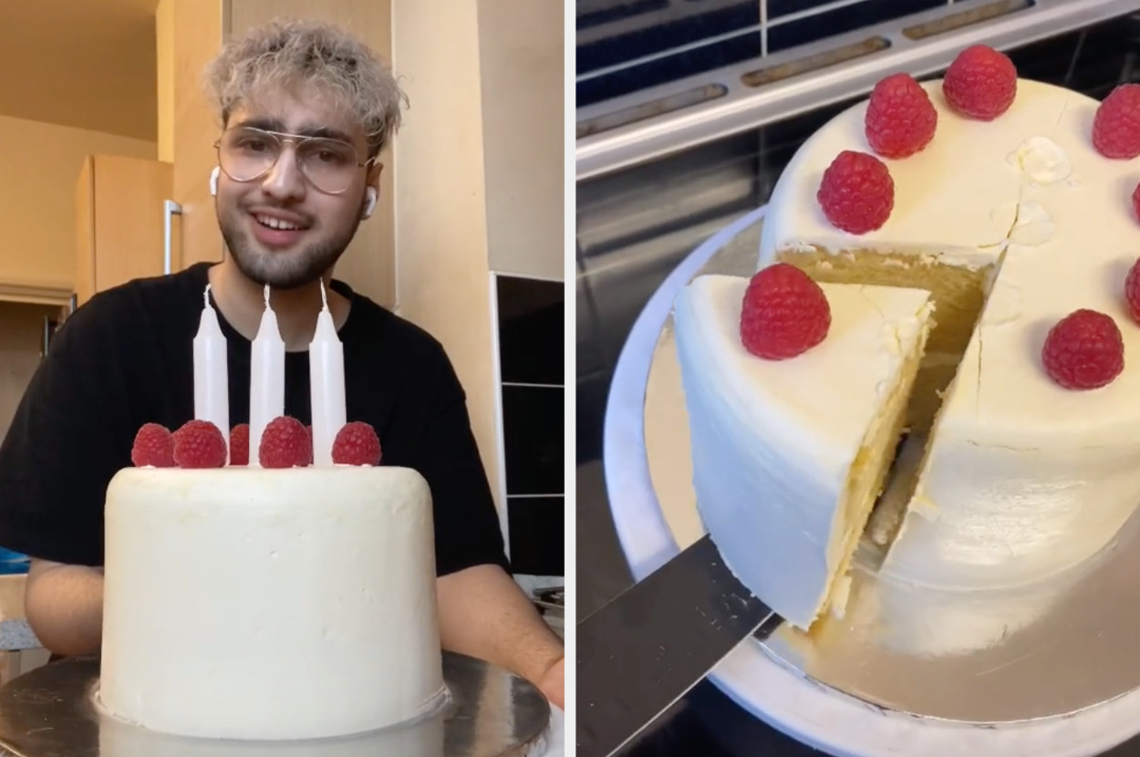 TikToker Ash Baber with his birthday cake emoji creation next to him cutting into the cake