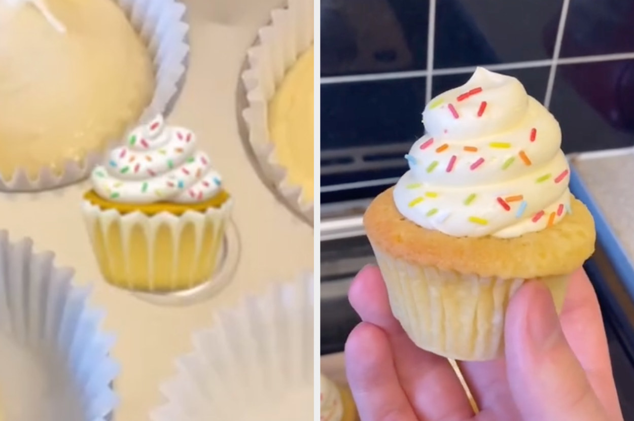 The cupcake emoji next to its real-life replica, which pretty much exactly the same