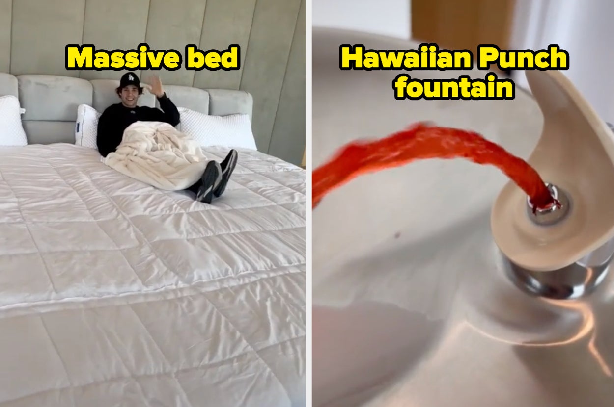 David Dobrik in his massive bed, and a hawaiian punch water fountain.