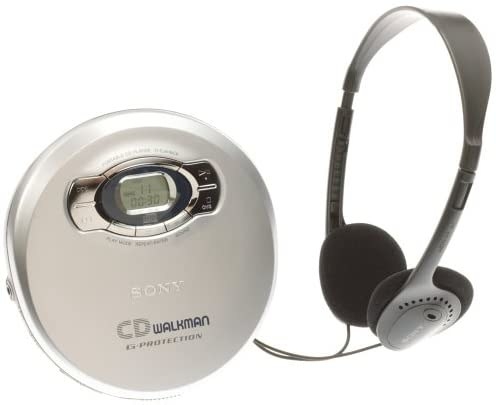 A silver Sony CD Walkman and headphones