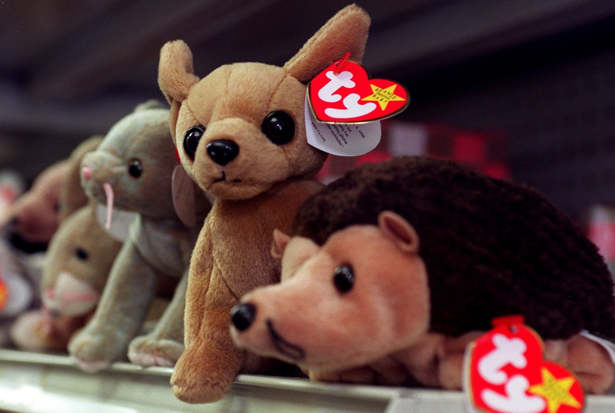 A collection of Beanie Babies on a store shelf 