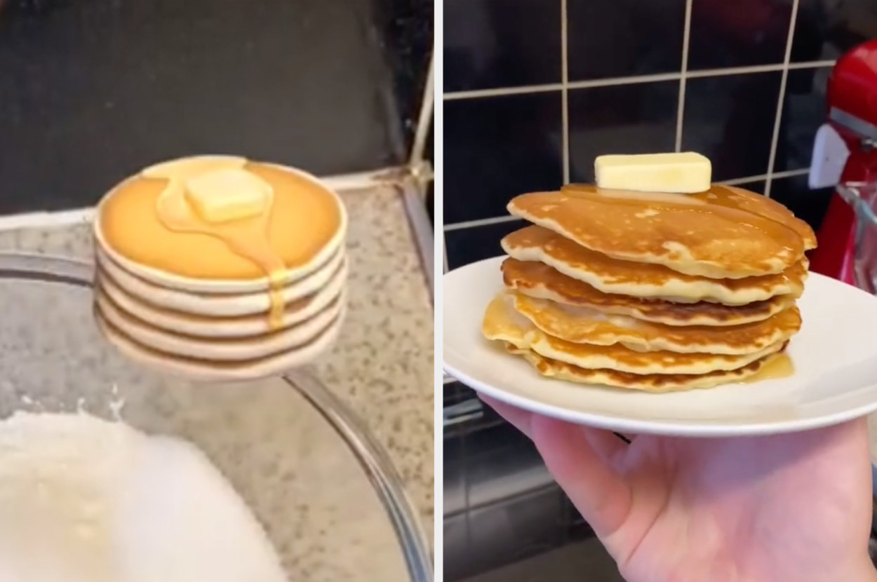 The pancake emoji next to a real stack of pancakes that even has an identical block of butter on top