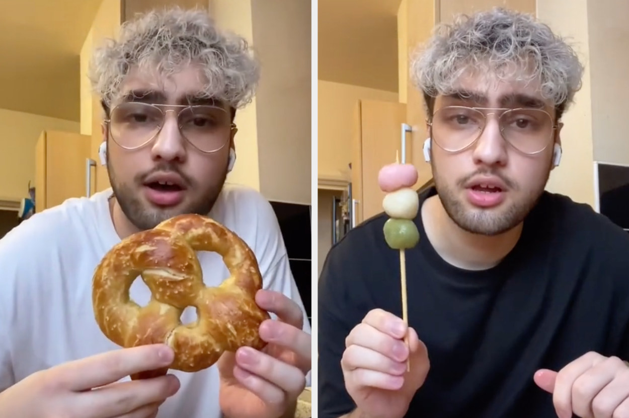 Ash holds his emoji food creations in two different videos: the pretzel emoji and the dango emoji 