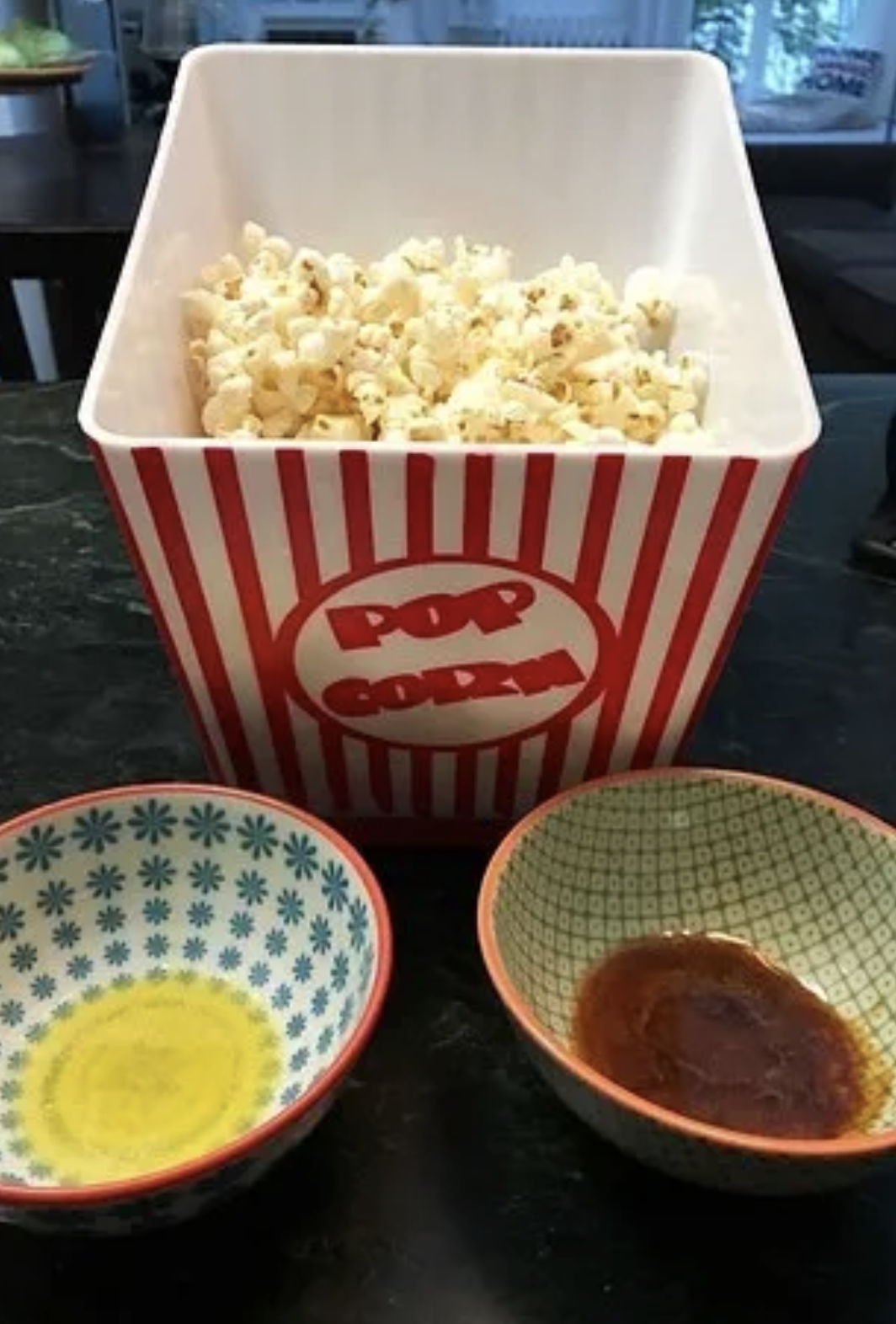 Popcorn, butter, and soy sauce.