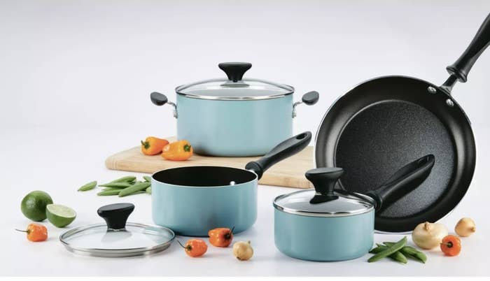 the cookware set in teal