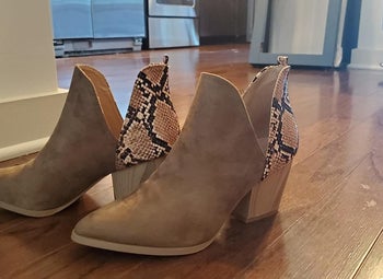 Reviewer image of the taupe and snakeskin booties