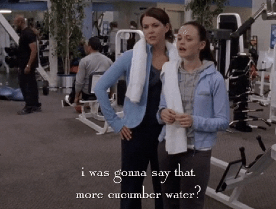 A gym scene from &quot;Gilmore Girls&quot; in which Loralei says, &quot;I was just gonna say that. More cucumber water?&quot;