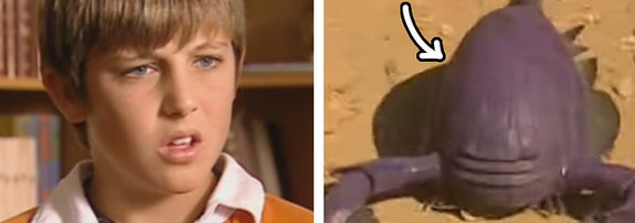 Left: Ben Johnson in Parallax; Right: A purple, crab-like insect with pincers