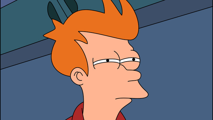 The meme of Fry from Futurama squinting his eyes