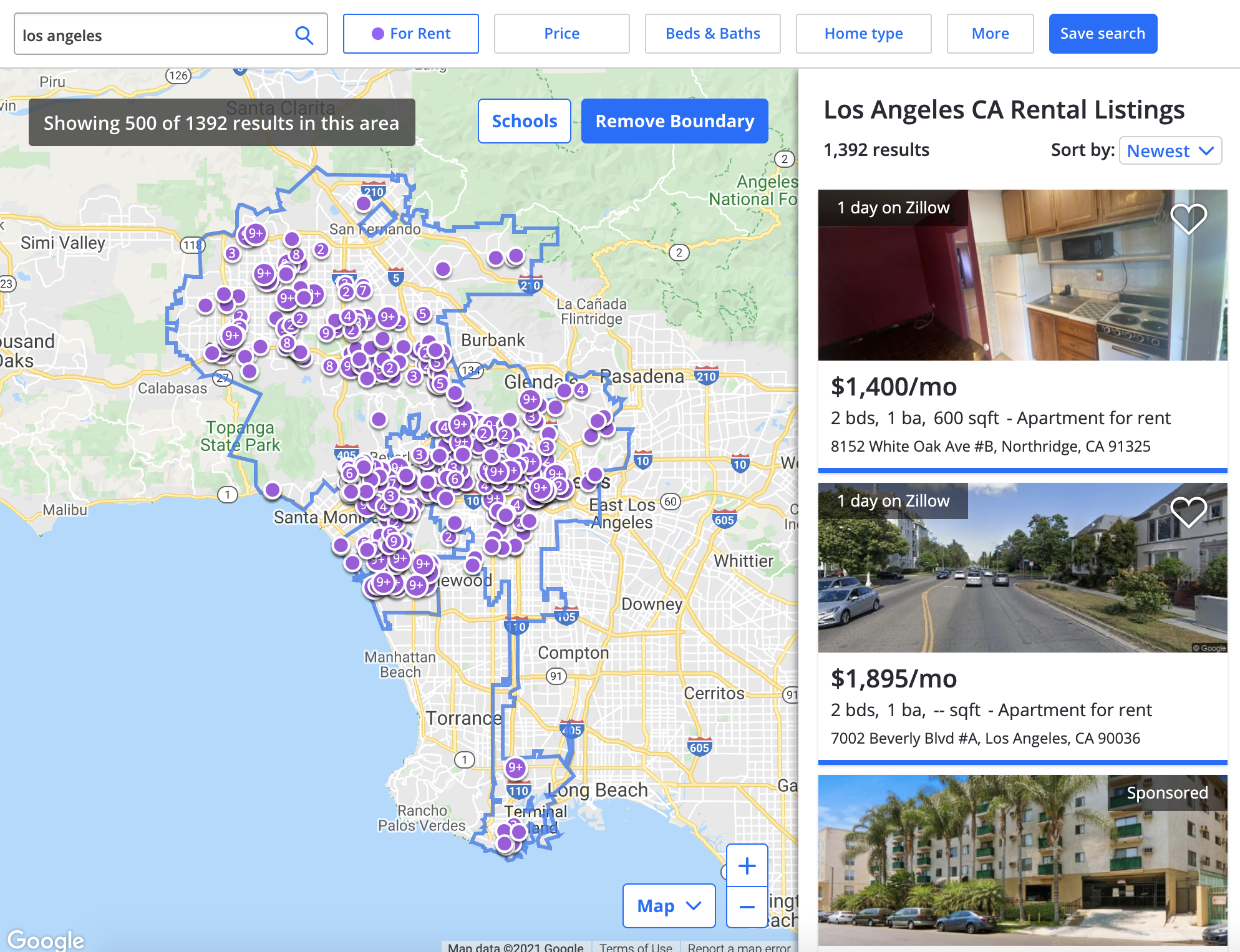 screengrab of zillow.com showing properties for rent on a map of los angeles