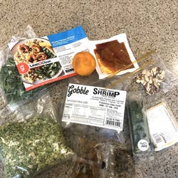 various ingredients for the Honey Harissa Shrimp from the Gobble meal kit