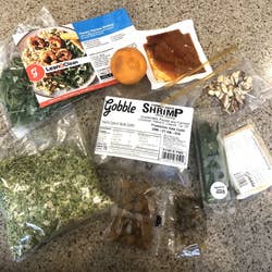 various ingredients for the Honey Harissa Shrimp from the Gobble meal kit