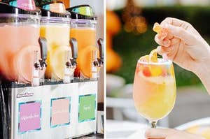 Slushy machines filled with pastel frosé and a close up of a glass filled with frosé and gummys