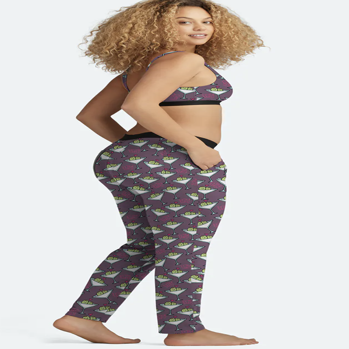 model wearing the pants printed with martini glasses