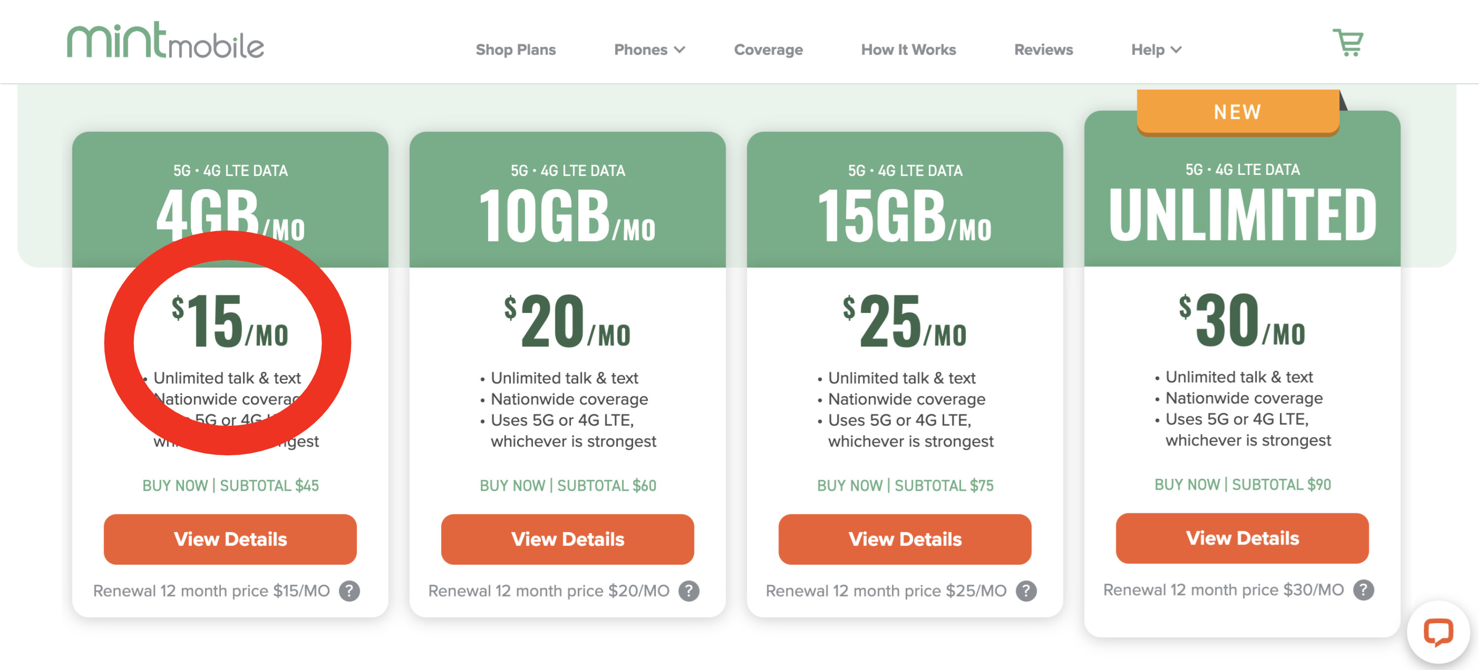 different mint mobile plans available ranging from $15 to $30/month