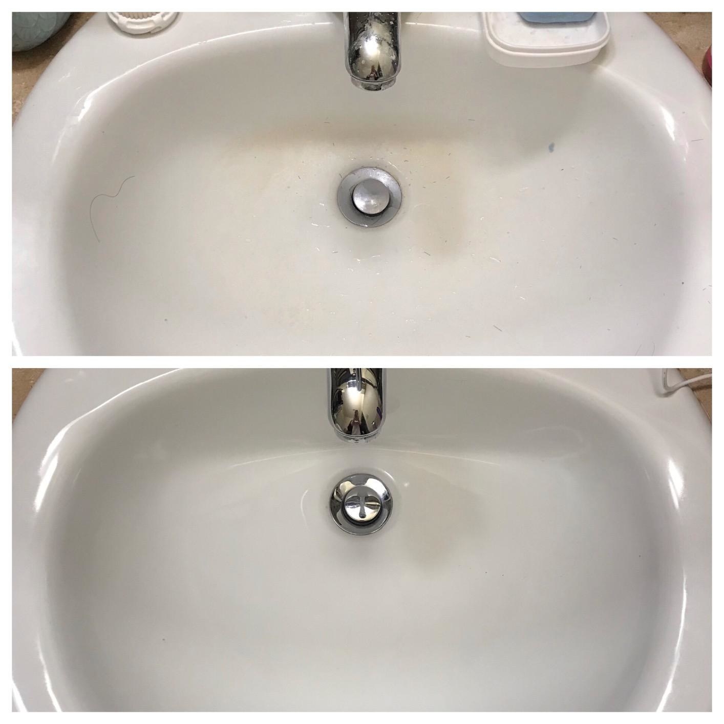 Reviewer photo of bathroom sink before and after using Bar Keepers Friend