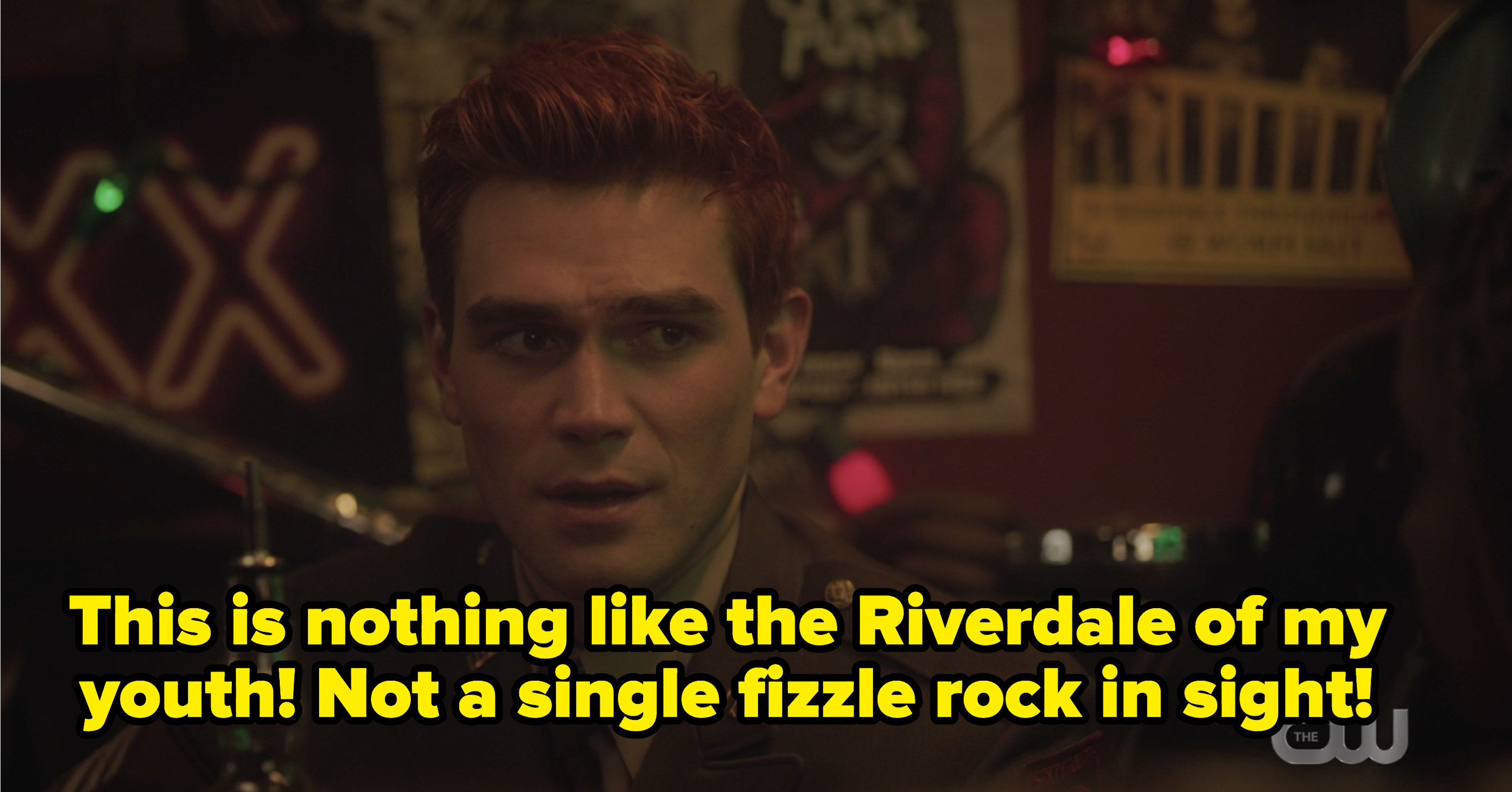 Archie with the caption: This is nothing like the Riverdale of my youth! not a single fizzle rock in sight!